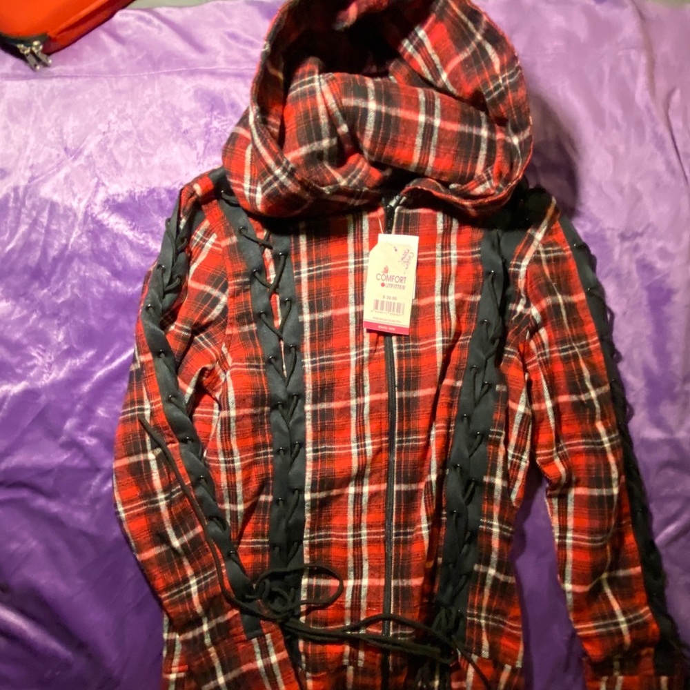 Red and black flannel shirt with lacing on sleeves and front